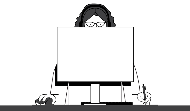 illustrated woman at desktop computer with headphones